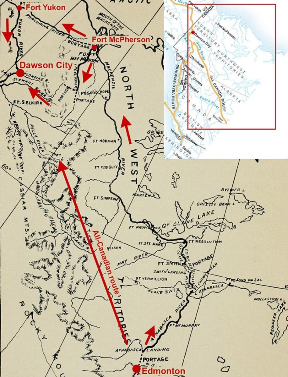 Edmonton routes. Red frame: Position of map on map of northern America. Big arrow: All-Canadian route from Edmonton by rivers and portage to Yukon River via Pelly River. Small arrows: Back door route. Black solid line: McKenzie River most of the way.