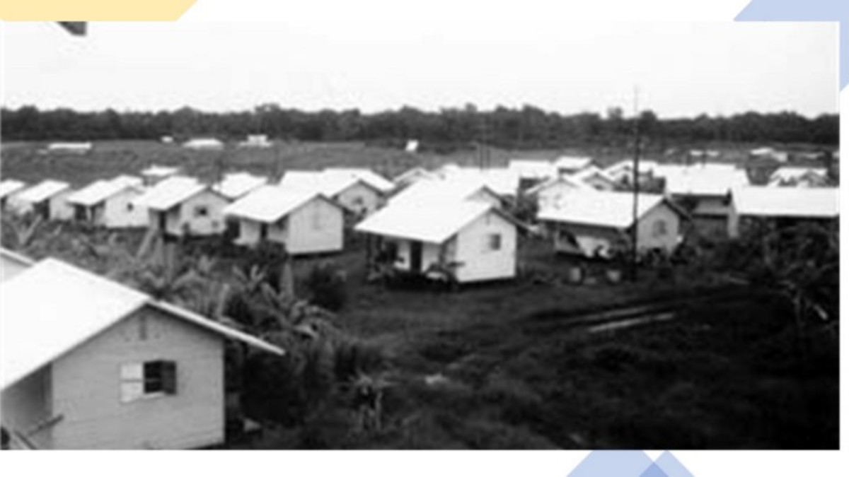 Houses in Jonestown, Guyana, the year after the mass murder-suicide, 1979