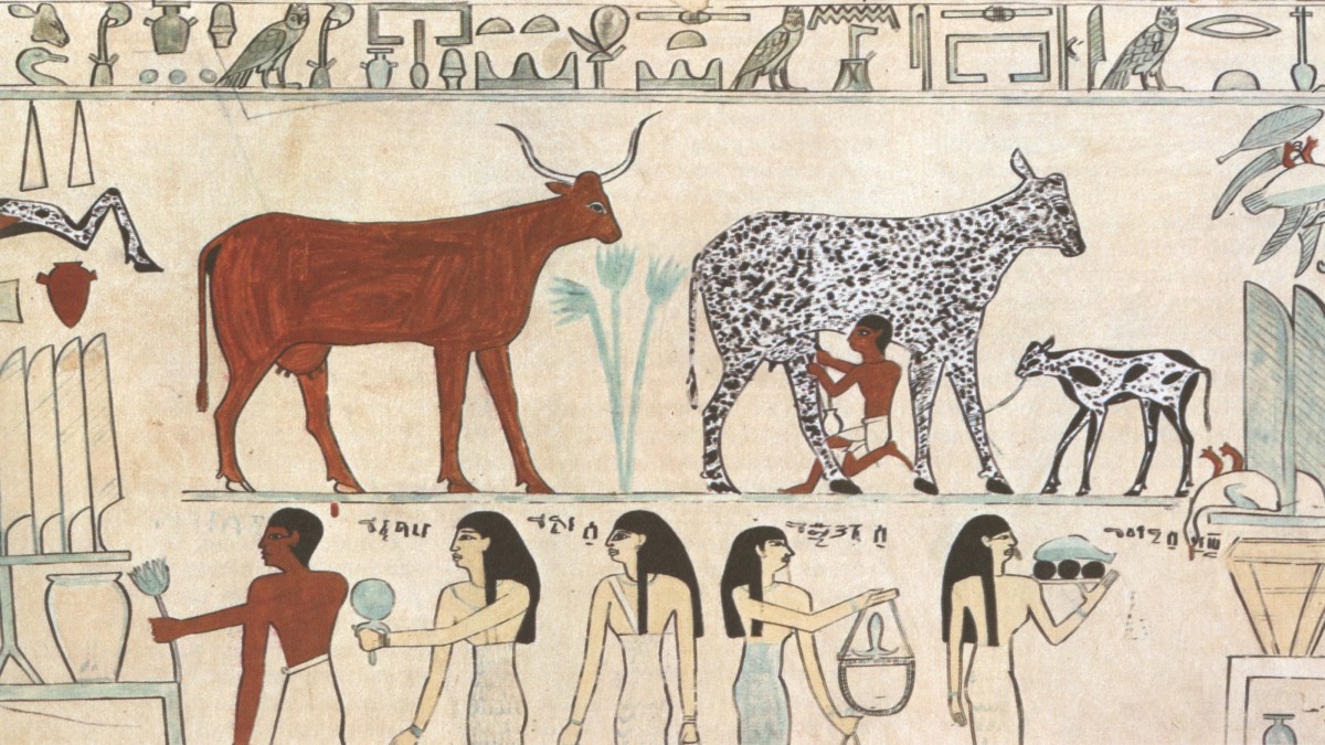 Old Egyptian hieroglyphic painting showing an early instance of a domesticated animal