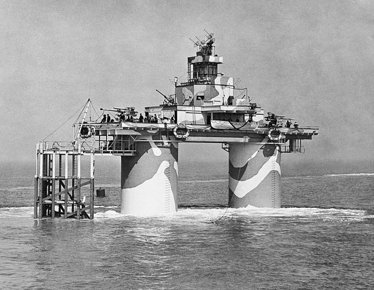 A Royal Navy fort during wartime. Bet that camouflage paint is going to make it completely invisible. “Was ist das Gunther?” “A whale mein Kapitän.”