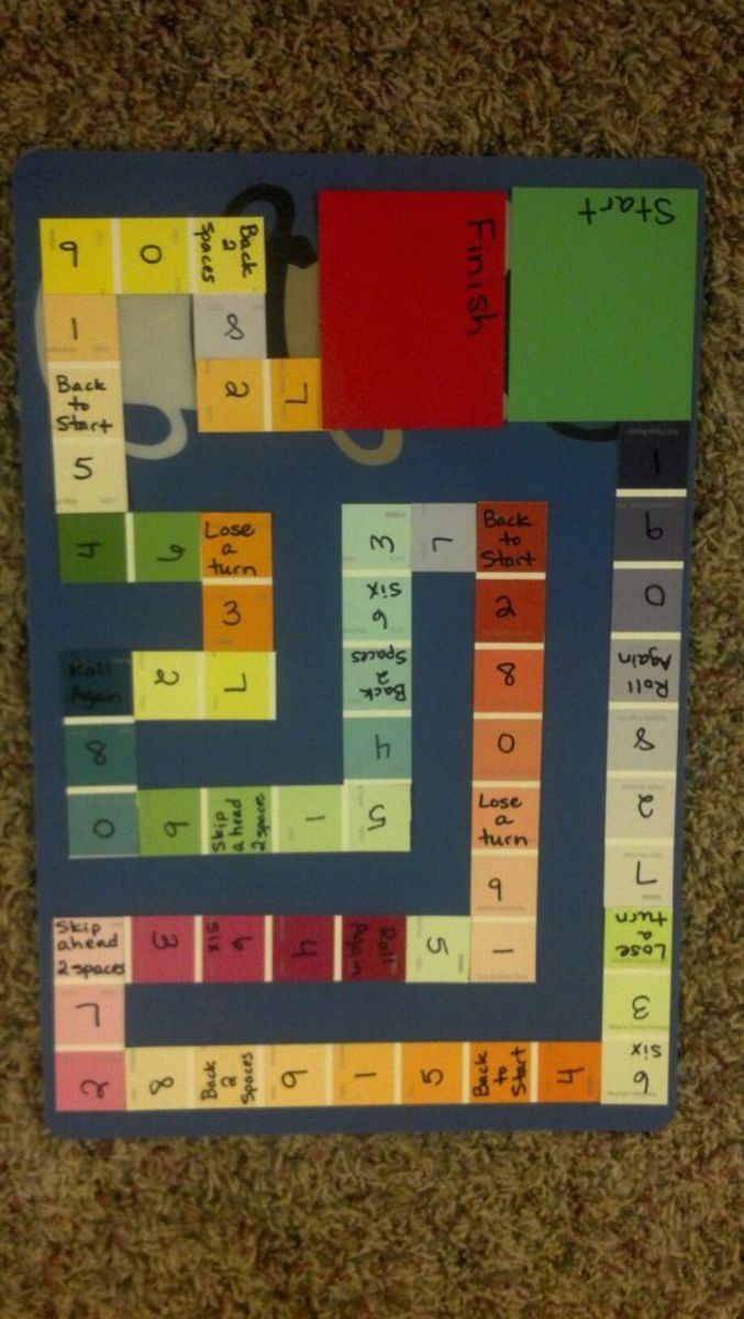 generic math game board from paint samples and a plastic place mat. Laminated to make it durable.