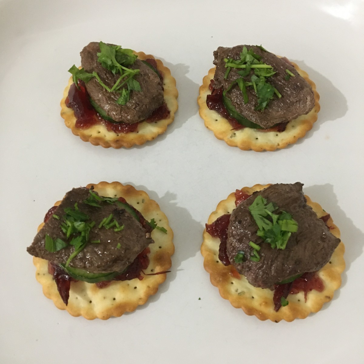 Goose and cranberry sauce on rosemary and garlic crackers