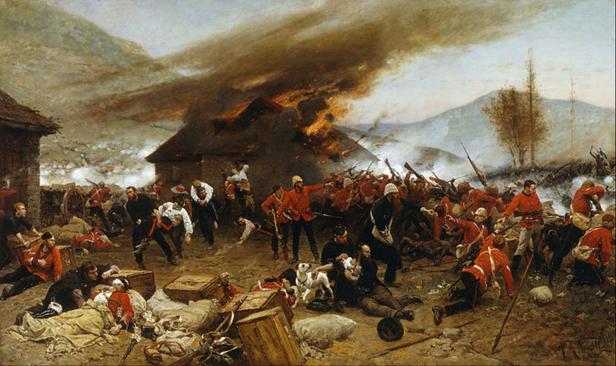 A painting showing the extraordinary defence of Rorke's drift by a small British force against overwhelming odds.