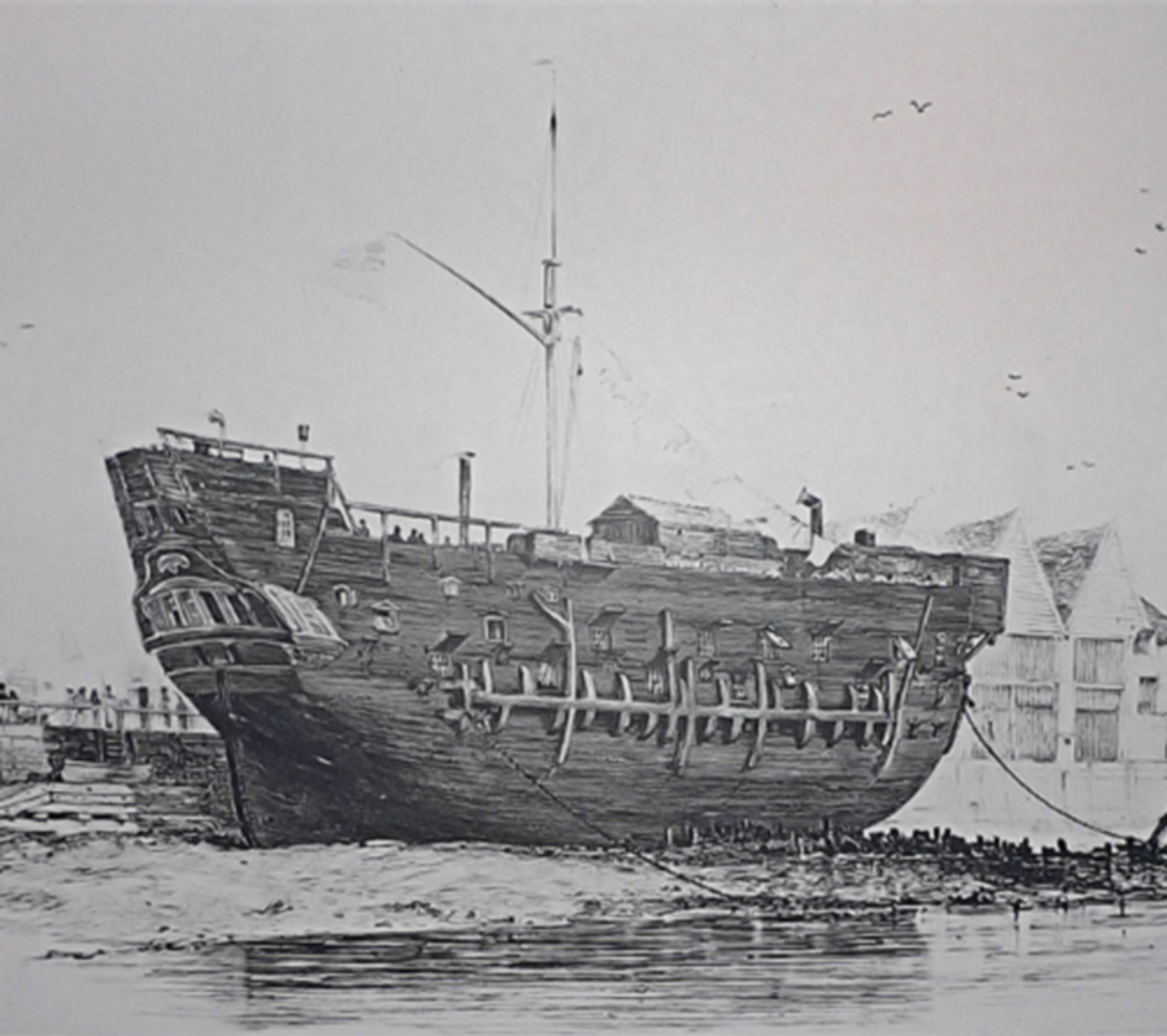 The beached convict ship HMS Discovery at Deptford. Launched as a 10-gun sloop at Rotherhithe in 1789, the ship served as a convict hulk from 1818 until scrapped in February 1834