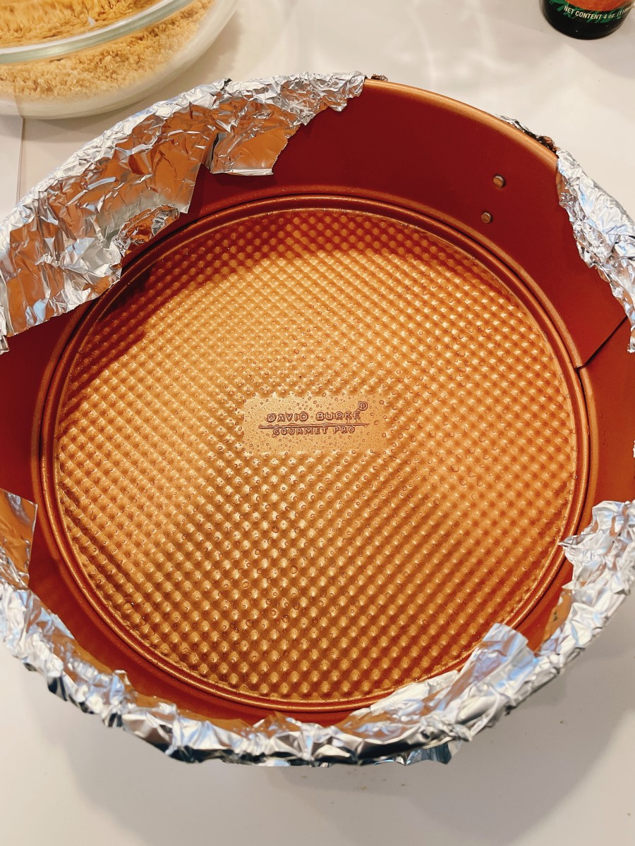 Grease an 8-inch round baking pan with baking spray. Line the bottom pan with heavy-duty aluminum foil, allowing two of the sides to overlap.