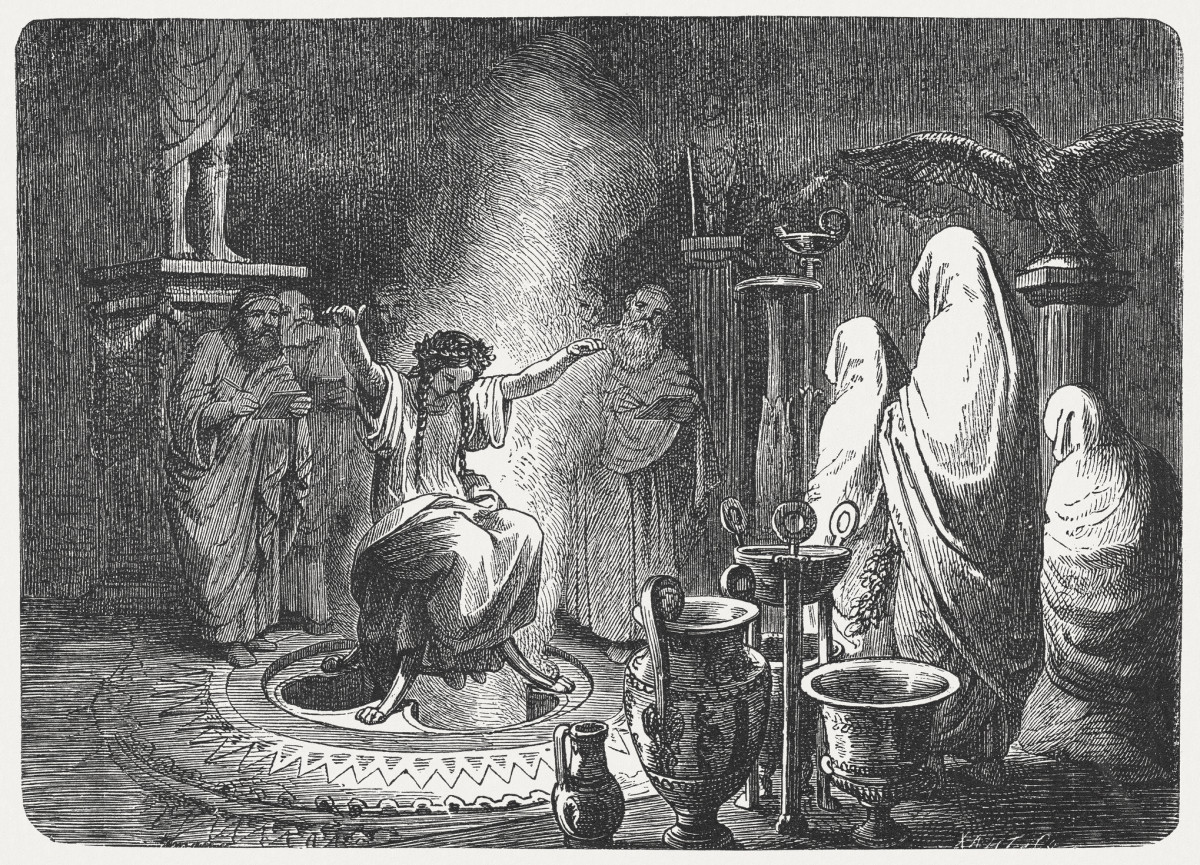 The Oracle at Delphi. The Pythia (High Priestess of Apollo) inhales fumes that send her into a trance. Wood engraving after a drawing by Heinrich Leutemann (German painter, 1824 - 1905).