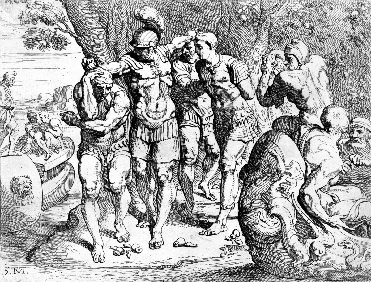 Odysseus and his crew in "the Land of the Lotus Eaters", where they are fed a plant that makes them not want to leave.