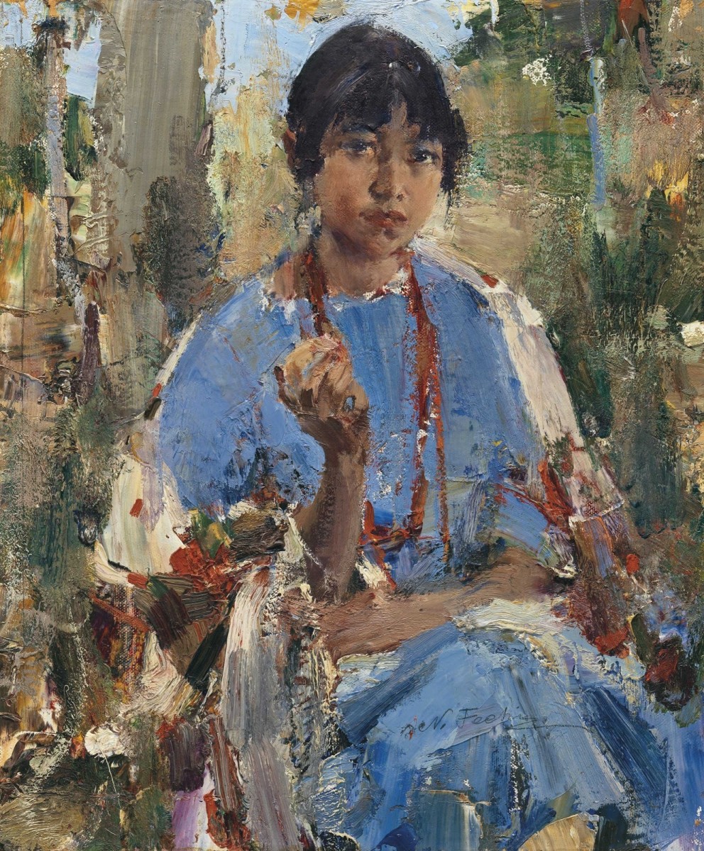 Nicolai Fechin portrait of an "Indian girl" with a blue dress.