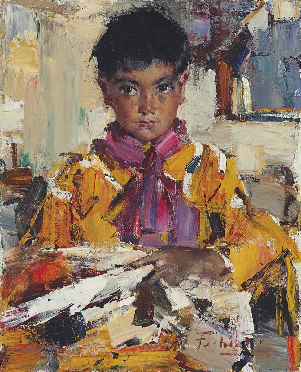 Nicolai Fechin portrait of a boy with a fan.