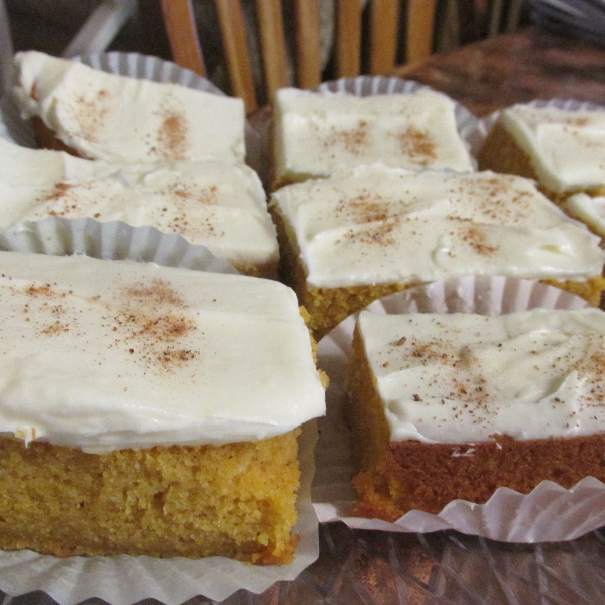 Pumpkin bars with cream cheese frosting ready to serve