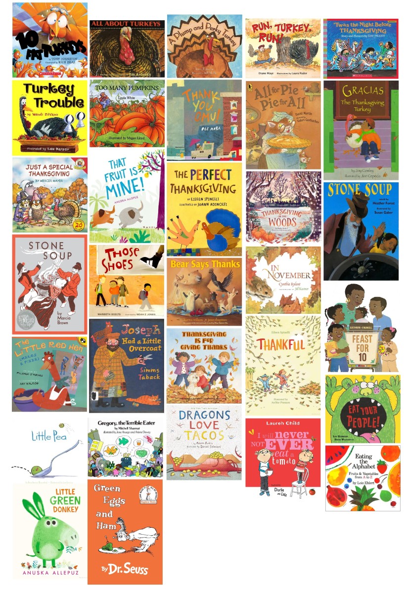 A month of children's picture books for November divided into storytime themes 