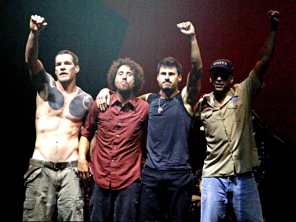 Rage Against the Machine (pictured in 2007) wrote brutally honest lyrics about greed leading to war and destruction (e.g. "Know Your Enemy" and “Bulls on Parade”).