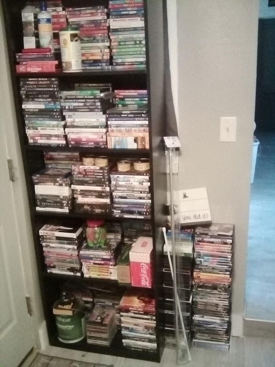 One cabinet containing over 400 DVD's.We have another in our son's room, and a tub full in storage. Sigh.