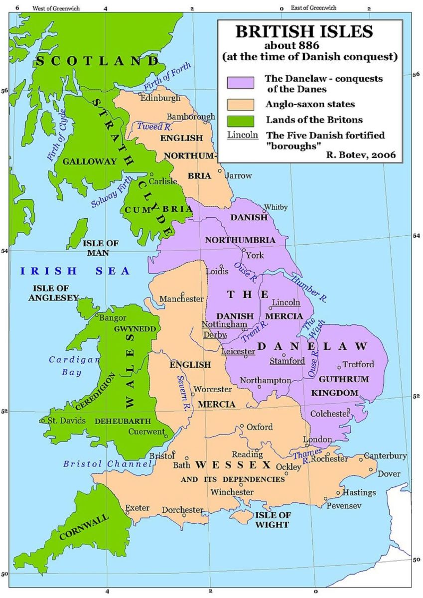 The Anglo-Saxon realms and Danelaw in 886.