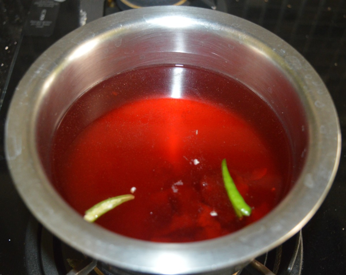 Step two: Heat the syrup in a saucepan. Add slit green chilies, jaggery, and salt. Boil the mixture for 5 minutes. Turn off the heat. The rasam is now ready.