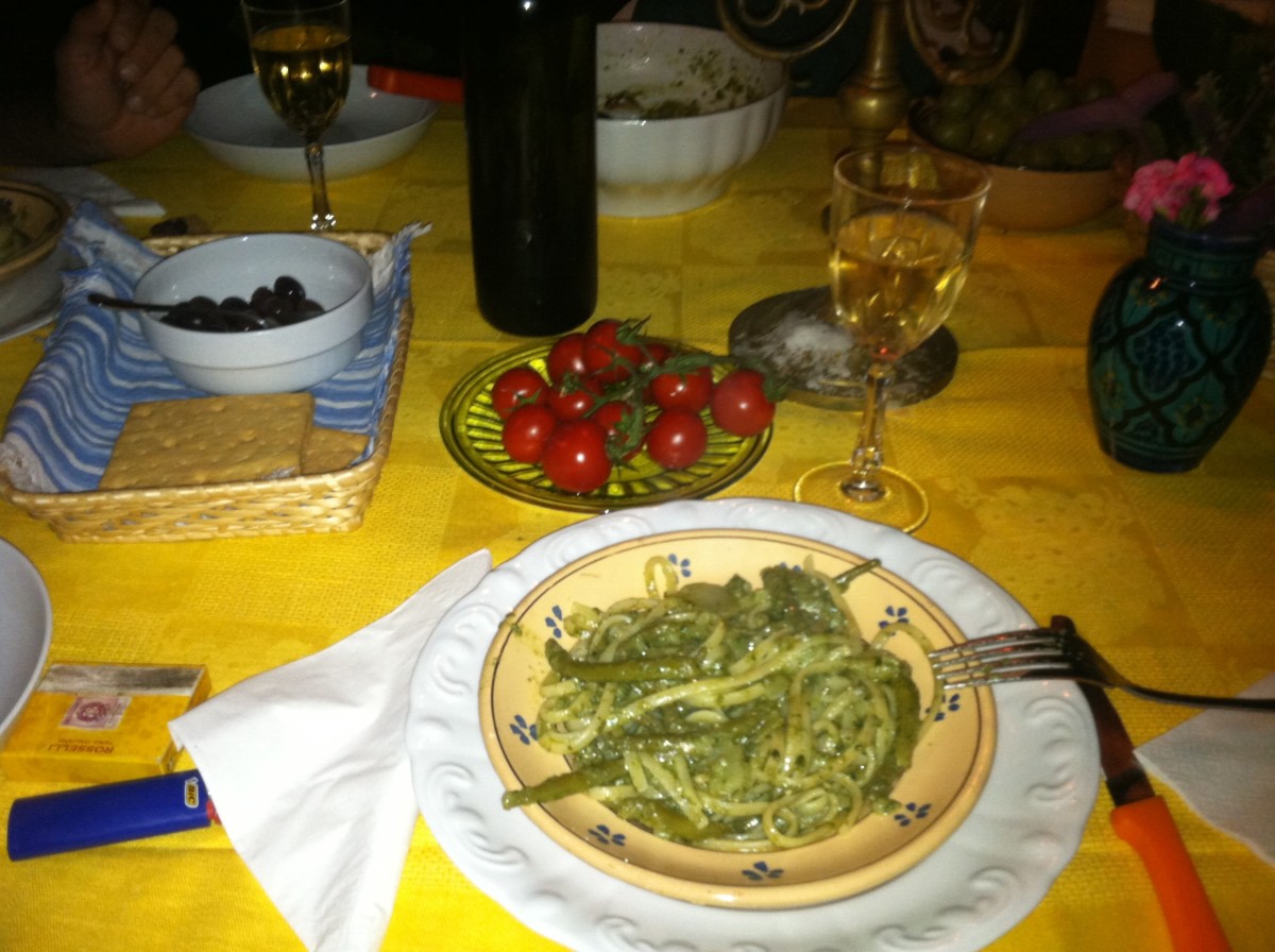 Pasta dinner with tomatoes and wine