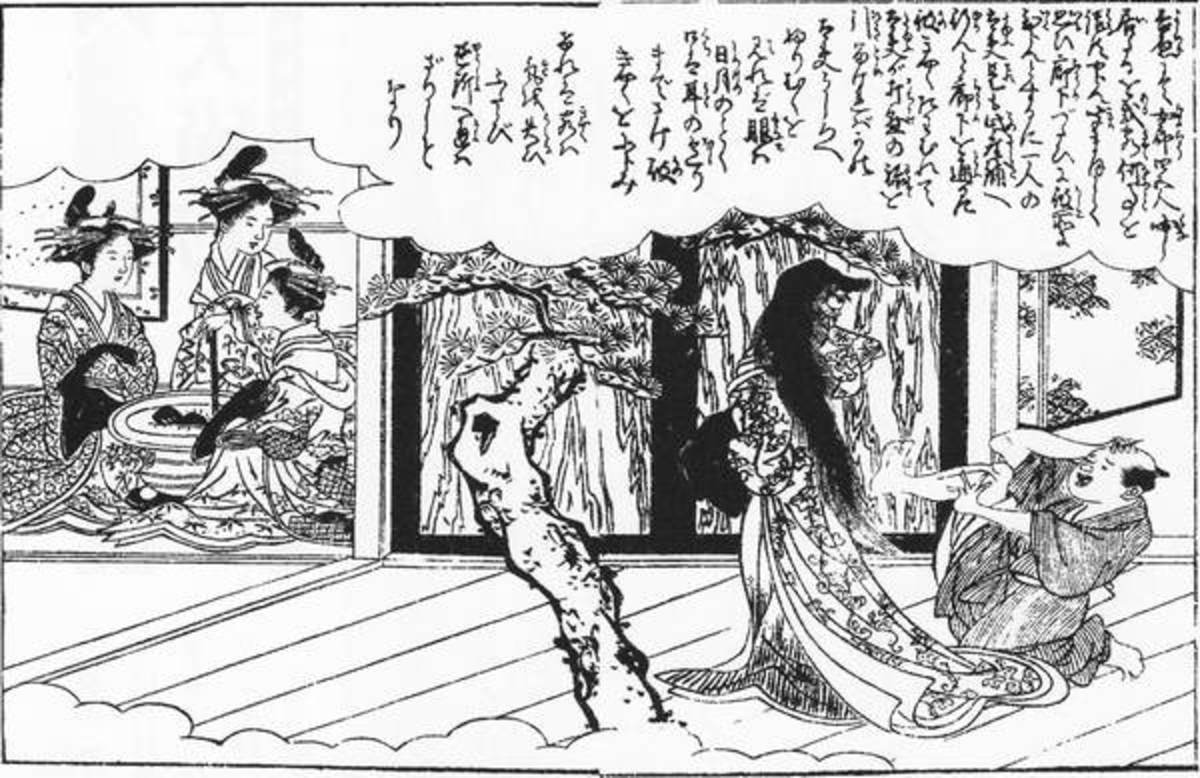 Kuchisake-onna in a scene from Ehon Sayoshigure by Hayami Shungyōsai, 1801