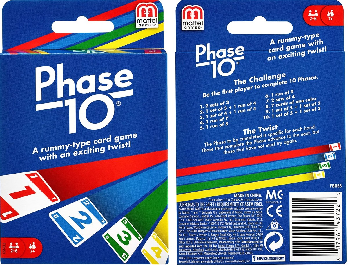The object of Phase 10 is to collect cards into sets before the other players. Math skills used include color and number recognition, and set creation.