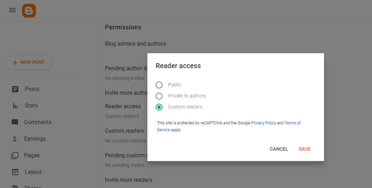 The "Reader access" setting allows you to limit access to a blog. Setting "custom readers" means allowing access only to specific accounts.