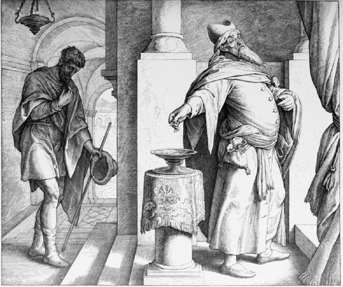 The Parable of the Pharisee and the Tax Collector. Artist: Julius Schnorr von Carolsfeld. Engraver: Unknown. Source: Die Bibel in Bildern, Plate 200