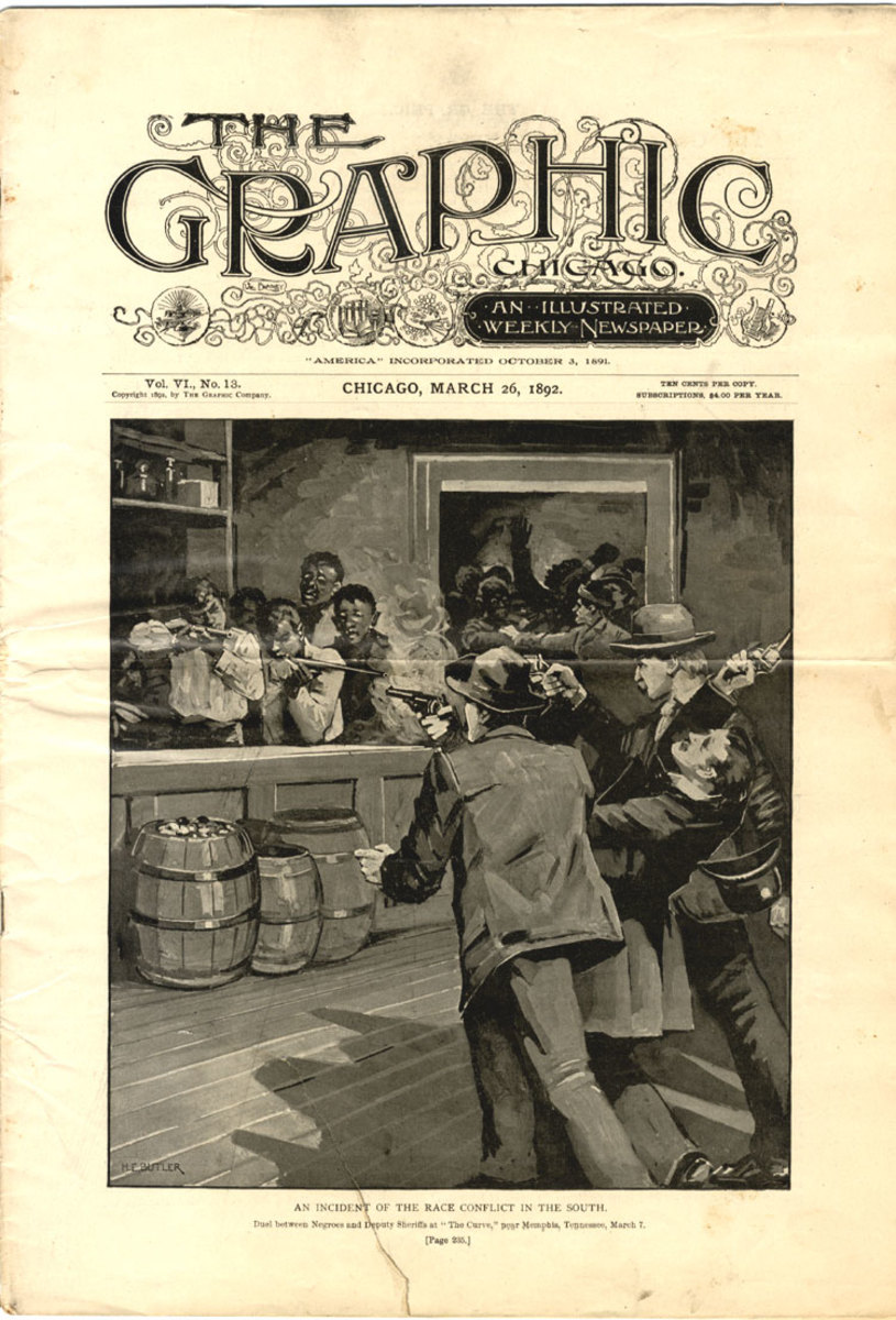 "An Incident of the Race Conflict in the South."  Cover of The Graphic Chicago, March 26, 1892, depicting the lynch mob entering the People's Grocery. 