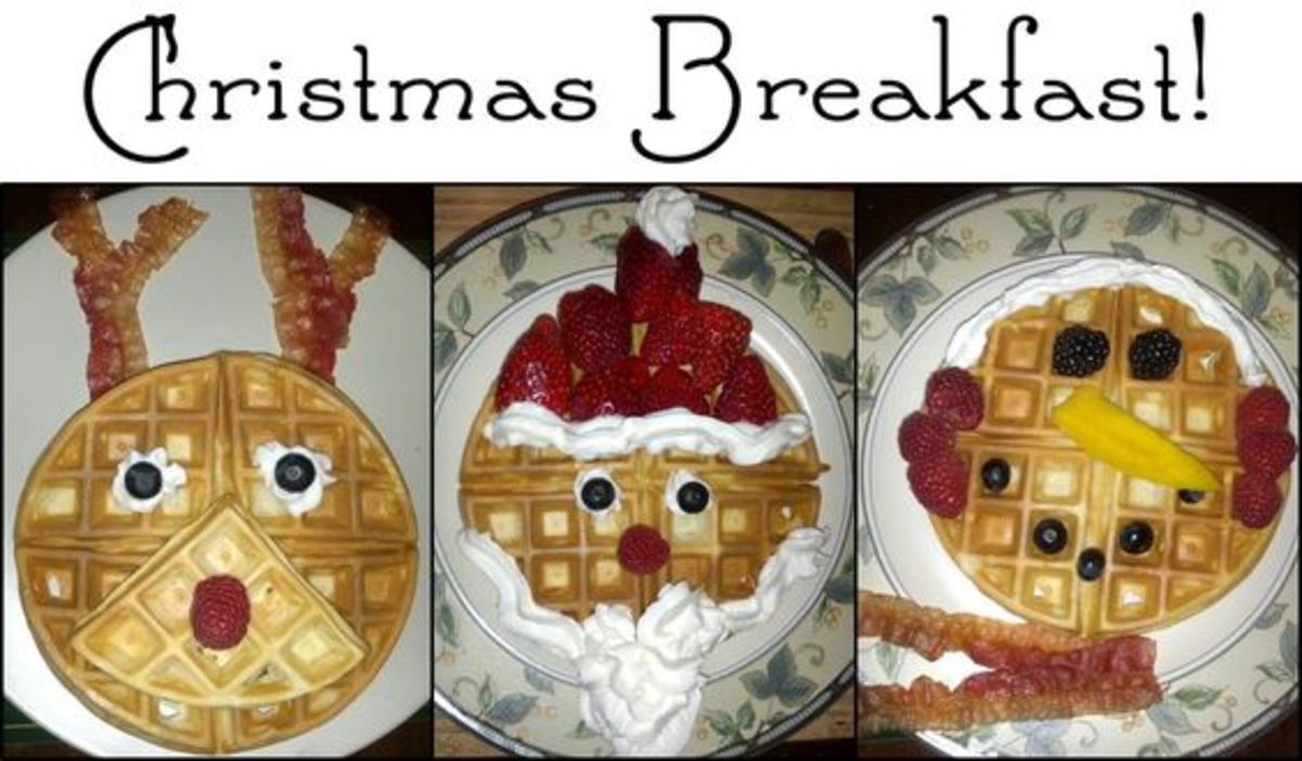 Christmas breakfast waffles. Ruldolph, Santa and Snowman waffles made with berries, whip cream and bacon.
