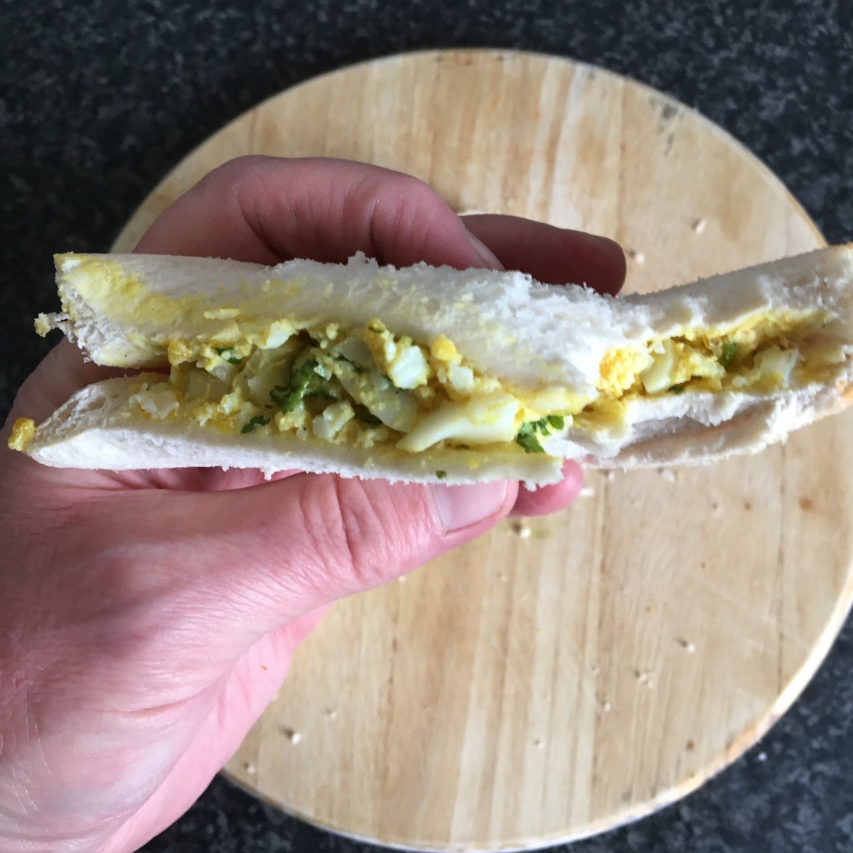 Hard boiled duck egg, garlic and parsley sandwich