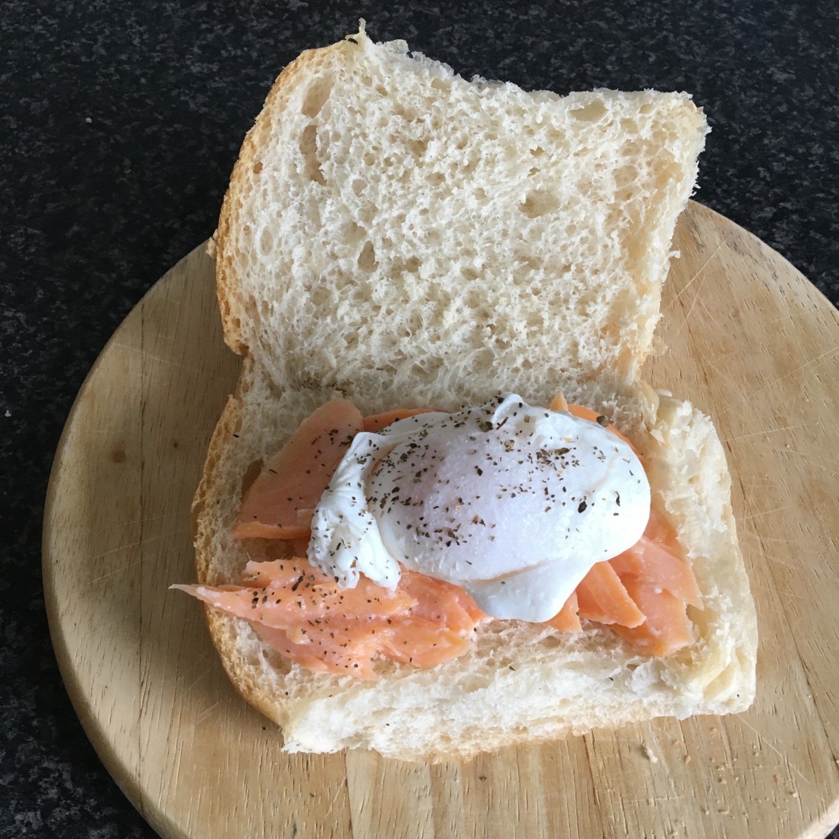 Poached duck egg and smoked trout bread roll