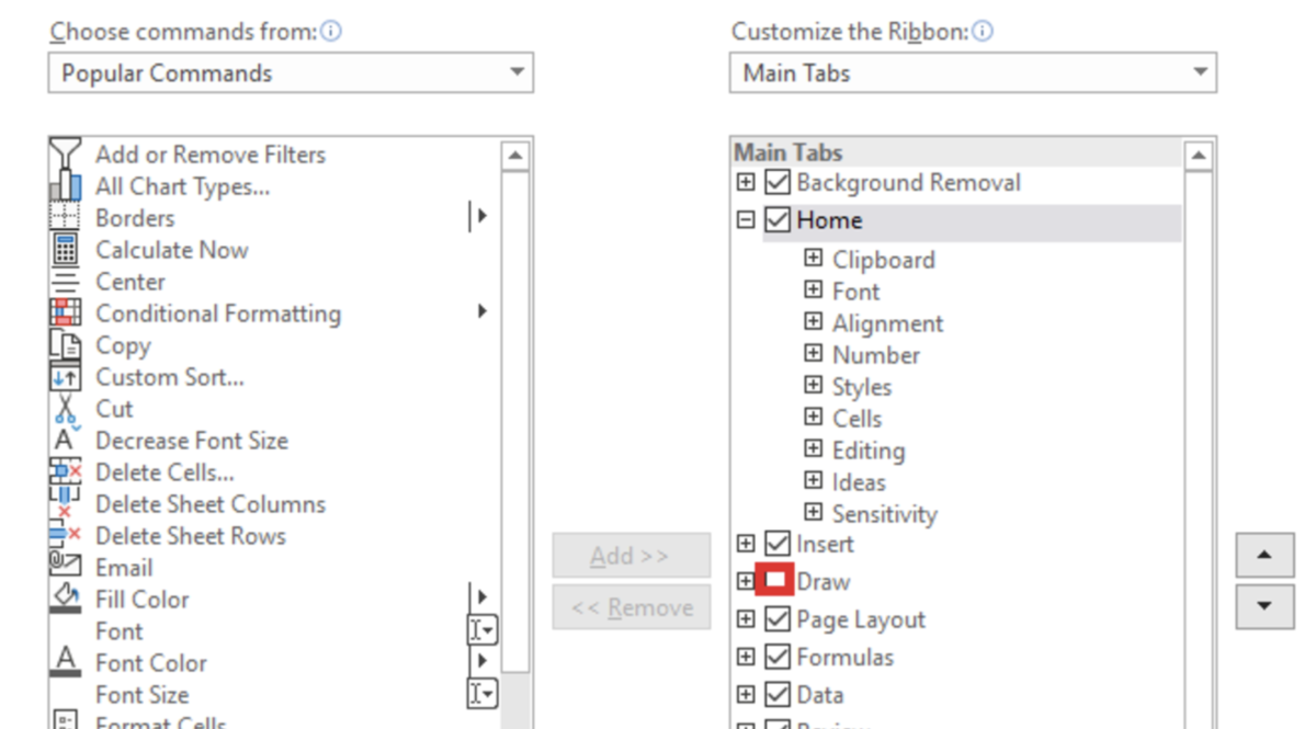 Here in the customize ribbon section, a checkbox can be checked to enable the draw tab. 