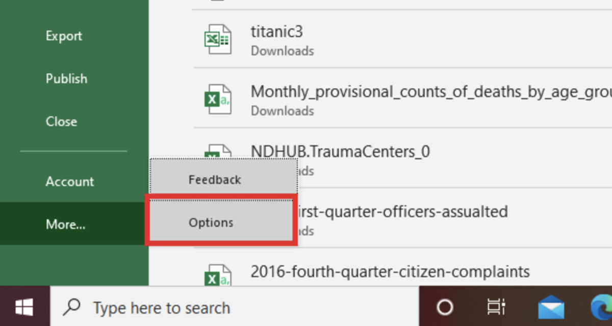 The options button allows an Excel user to see settings that relate to the Excel ribbon where the draw tab can be enabled.