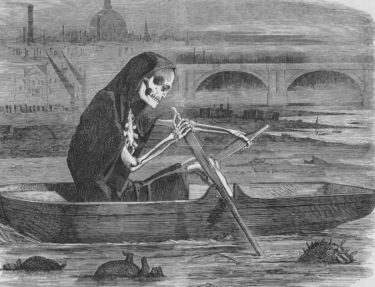 "The Silent Highwayman" cartoon from the July 1858 issue of Punch Magazine. Death is depicted rowing along the filthy waters of the Thames.