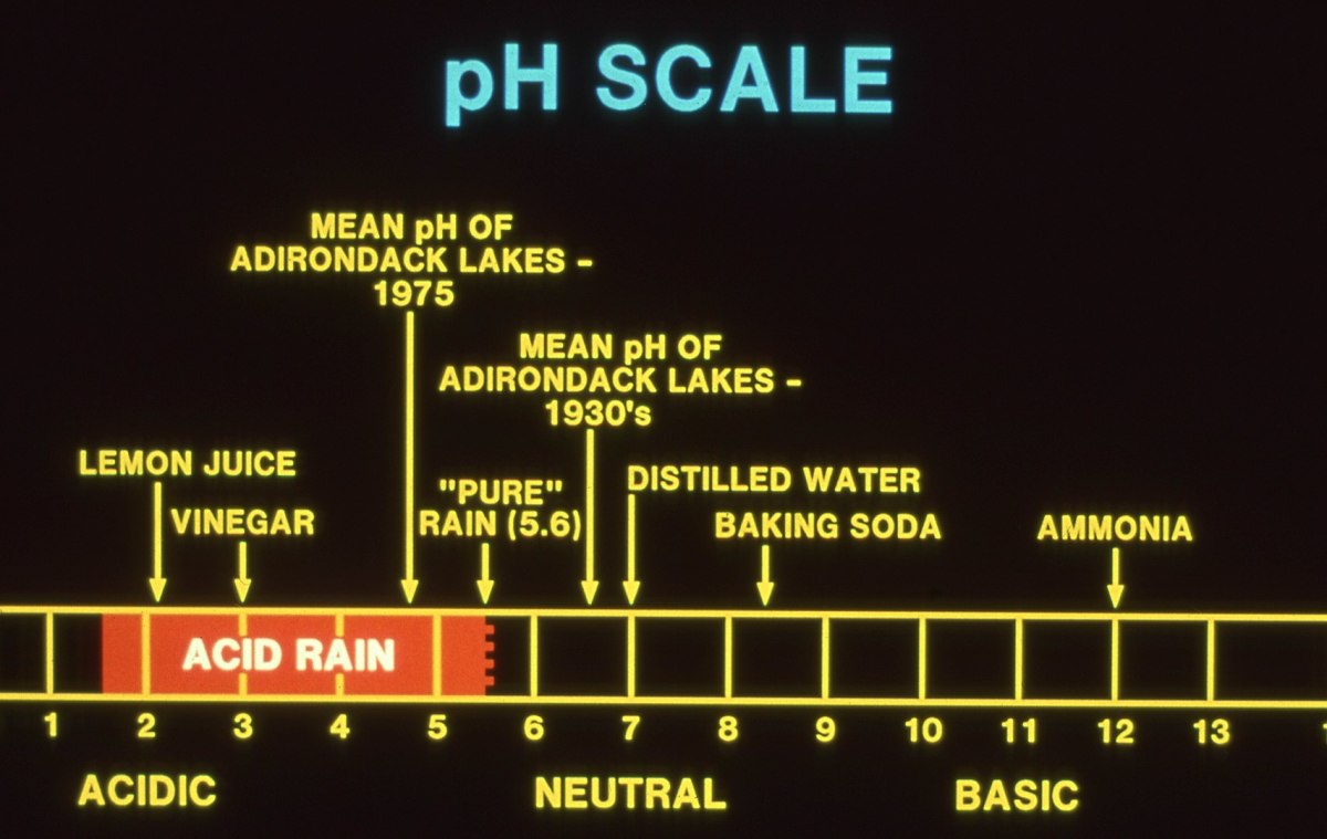 A pH scale showing how acidic or basic various substances are in relation to acid rain.