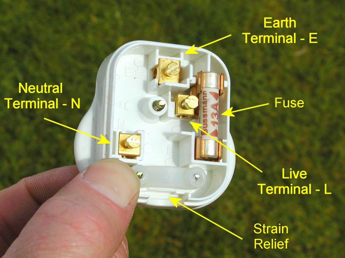 Live, neutral and earth terminals in a plug are marked L, N and E respectively