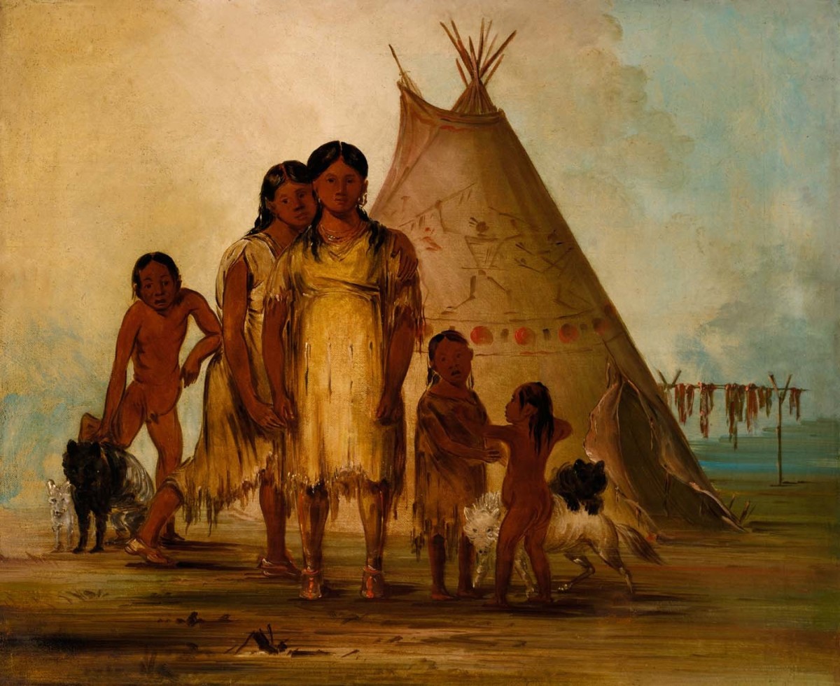 "Two Comanche Girls" by George Catlin, 1834. Catlin's extensive collection of tribal portraits has visually preserved information about the dress and hairstyles of hundreds of Native American tribes.