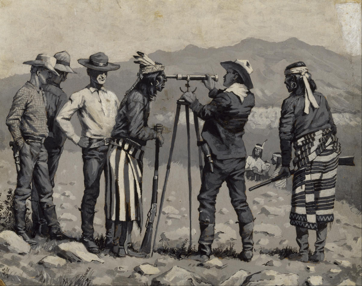 "Looking Through the Telescope," 1888, Frederic Remington. This black and white oil painting shows Remington's flair for the dramatic. His paintings often tell a story.