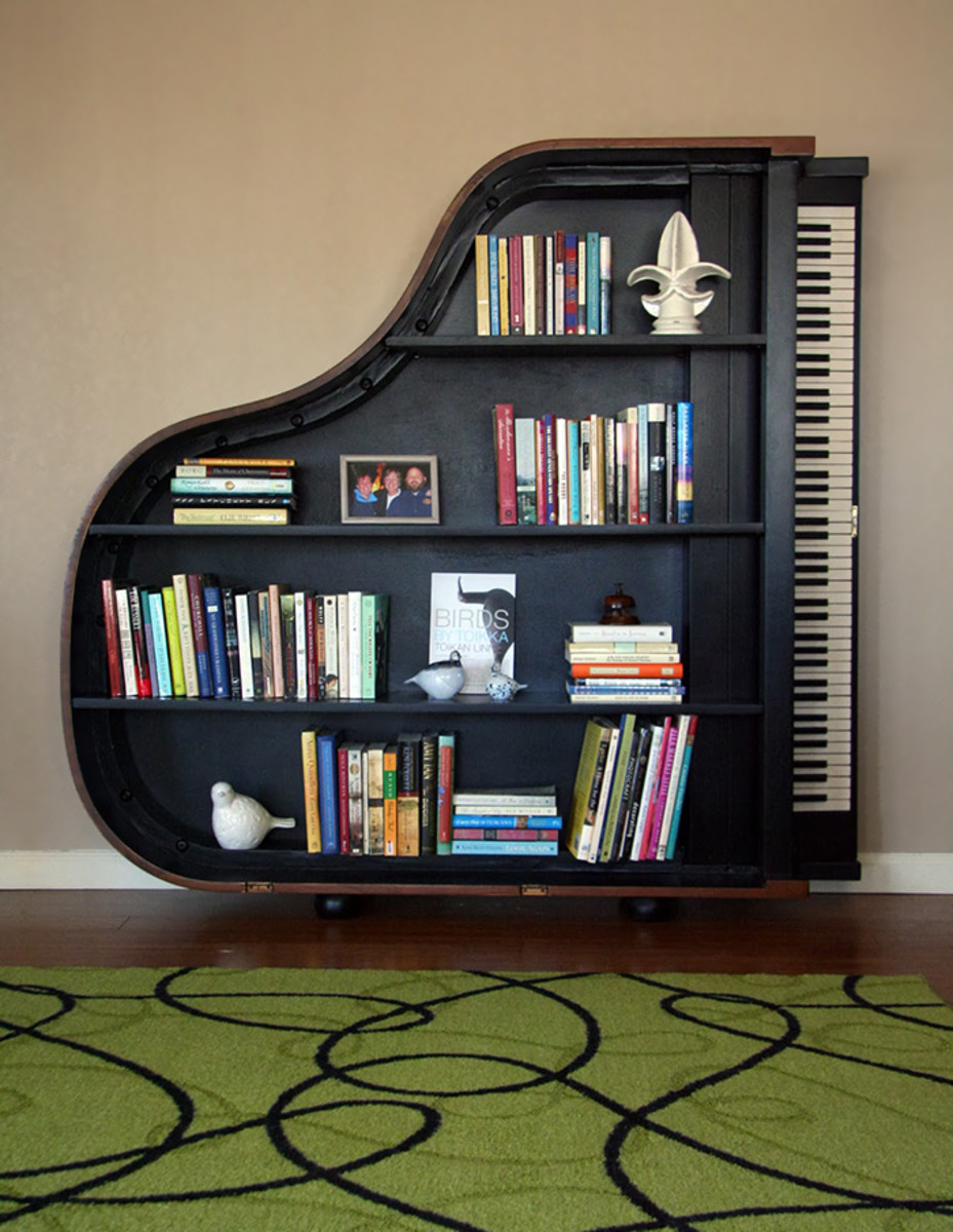 Repurposed piano bookcase