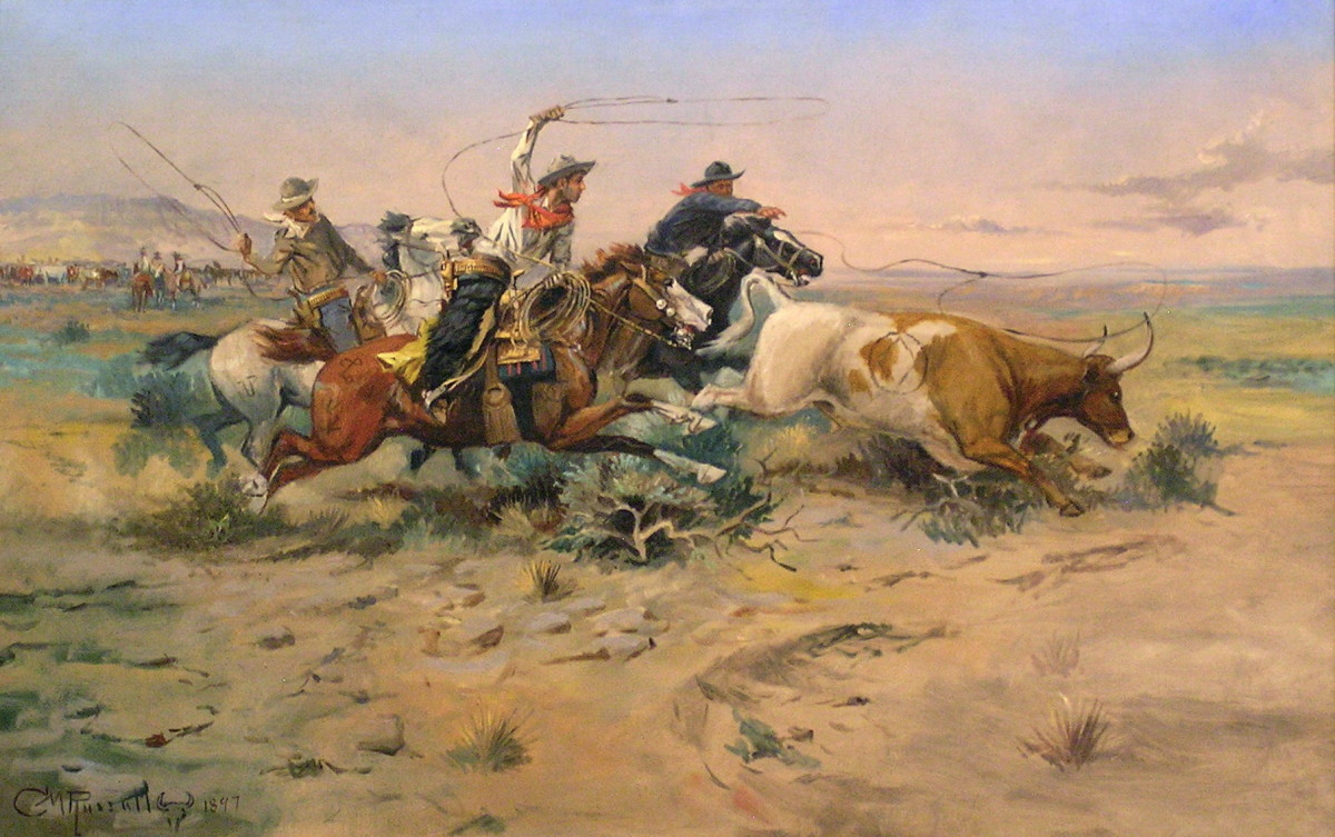 "The Herd Quitter." Oil C.M. Russell, Montana Historical Society MacKay Collection, Helena, MT depicts cowboys on the trail roping a stray steer.