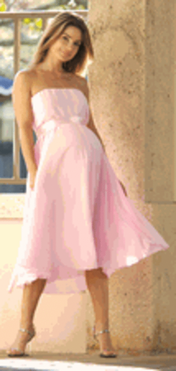 Audrey Formal Maternity Gown in Pink, $290.00, bellablumaternity.com.      Photo credit, bellablumaternity.com