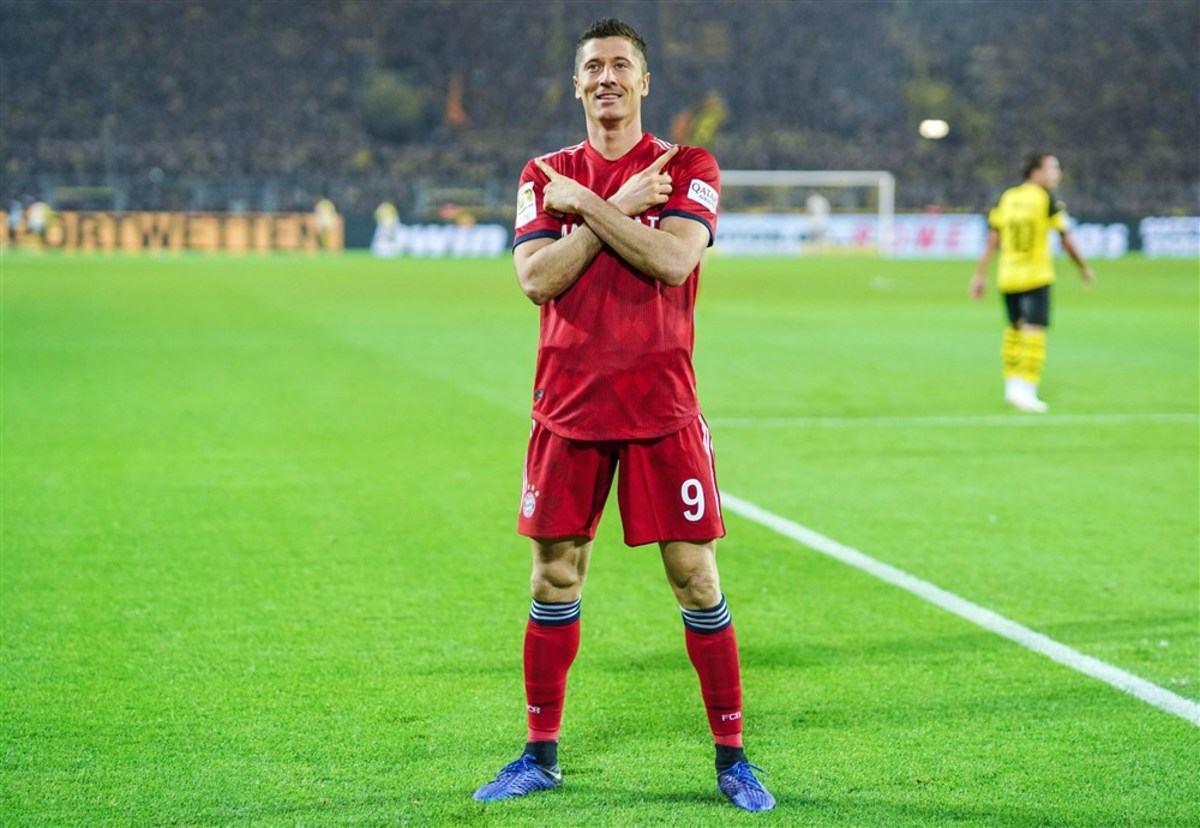 Bayern's Robert Lewandowski, celebrating after scoring a goal. 