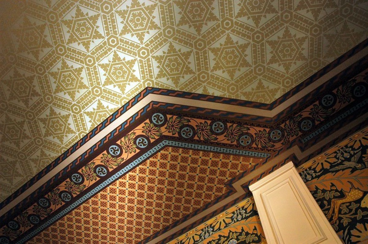 Hand-printed wallpaper, the ceiling of the dining room at Mill Rose Inn, Half Moon Bay, San Mateo, CA.