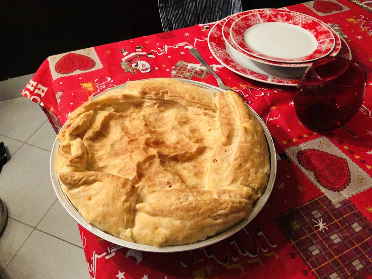 A salad pie served at a Christmas Eve dinner.