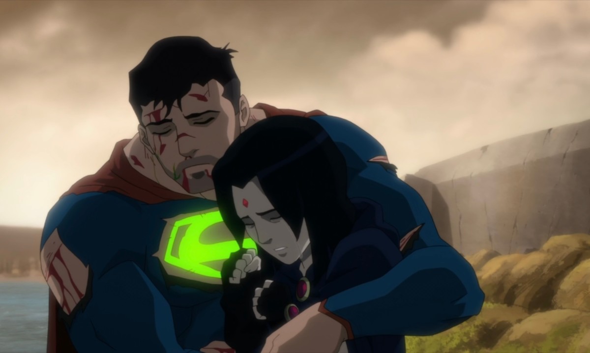 Superman and Raven consoling each other in "Justice League Dark: Apokolips War"