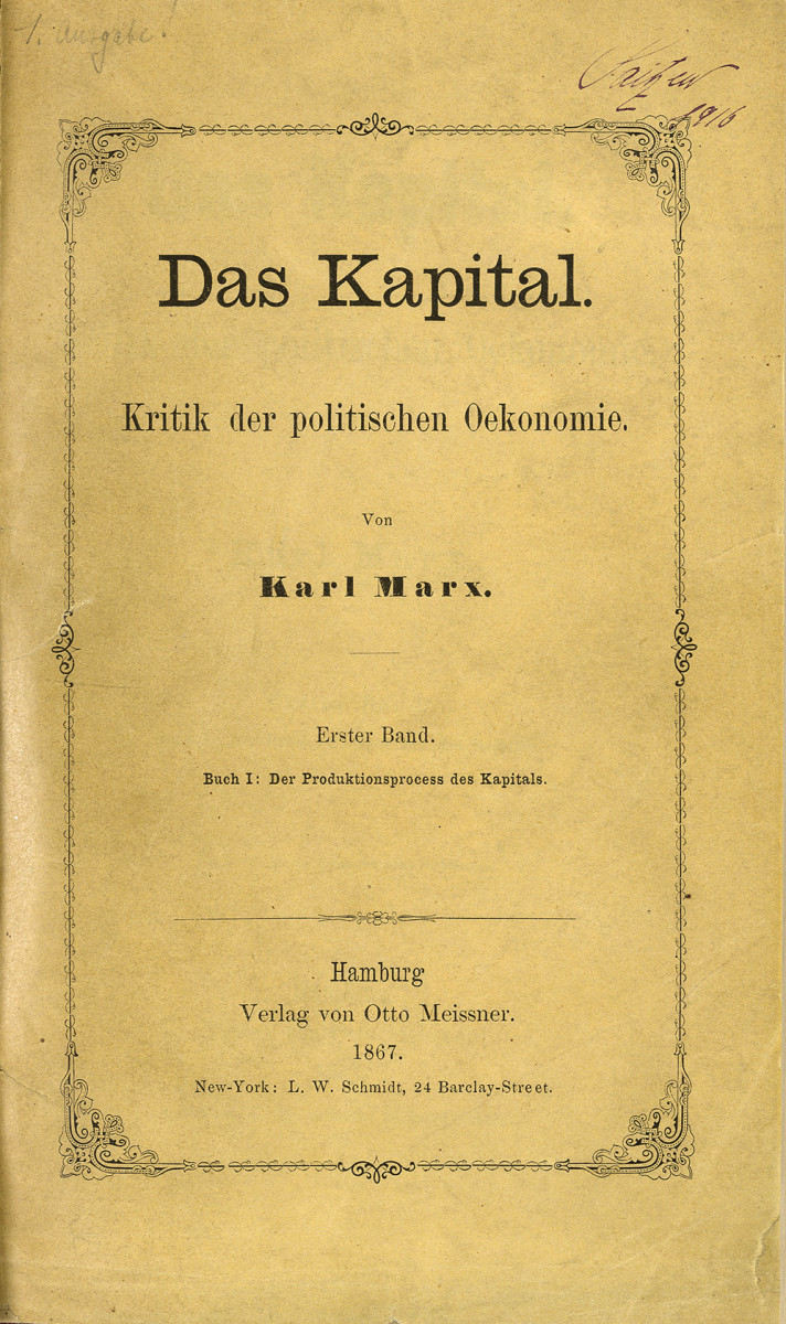 The title page of the first volume of Das Kapital or Capital: A Critique of Political Economy, the foundational theoretical text by Marx. 