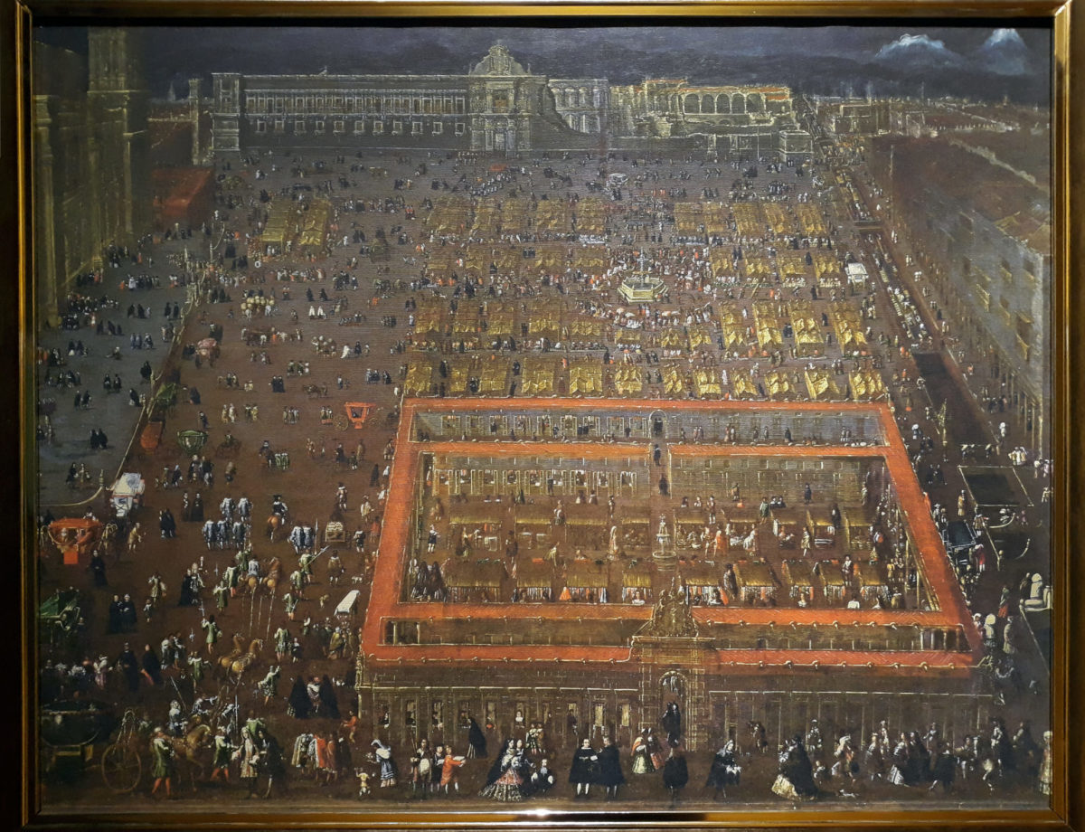 View of the Plaza Mayor of Mexico City c. 1695, painted by Cristóbal de Villalpando.