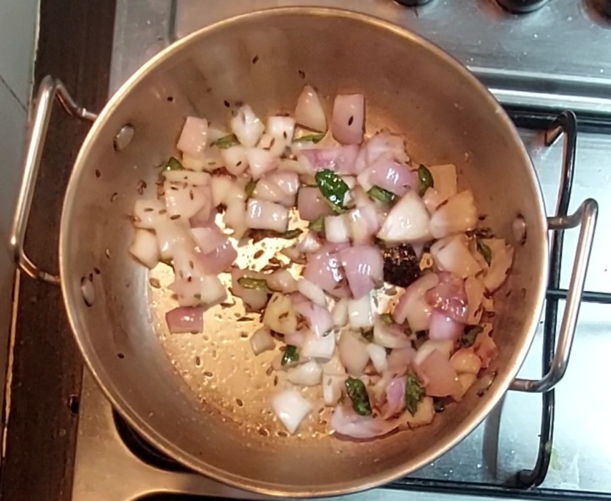 Add 1 cup cubed onion, salt, fry till onion turns translucent. 