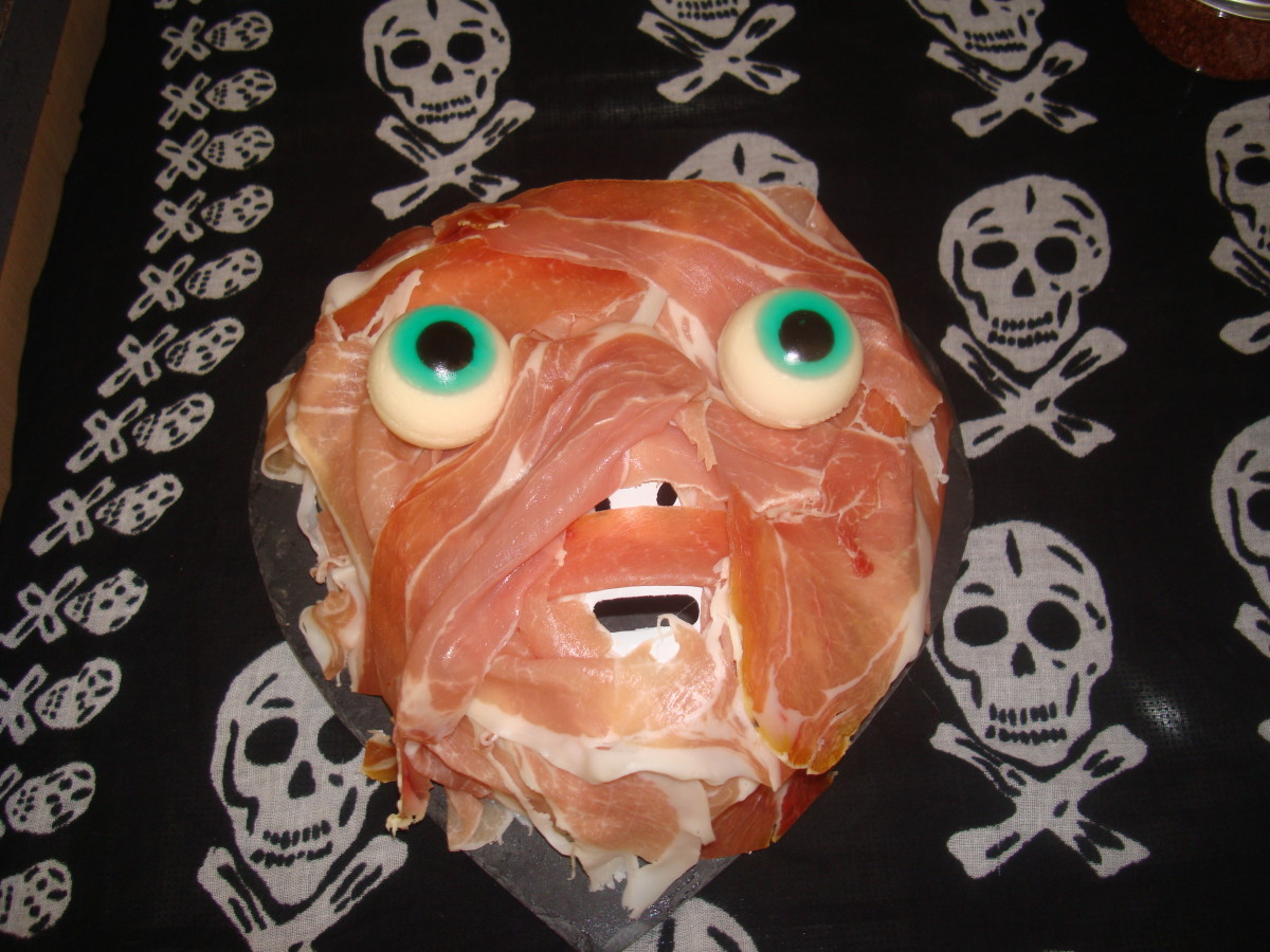 Skinned face made with ham and candy