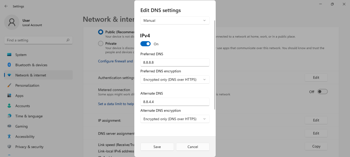 Setting Google DNS Servers on Windows 11