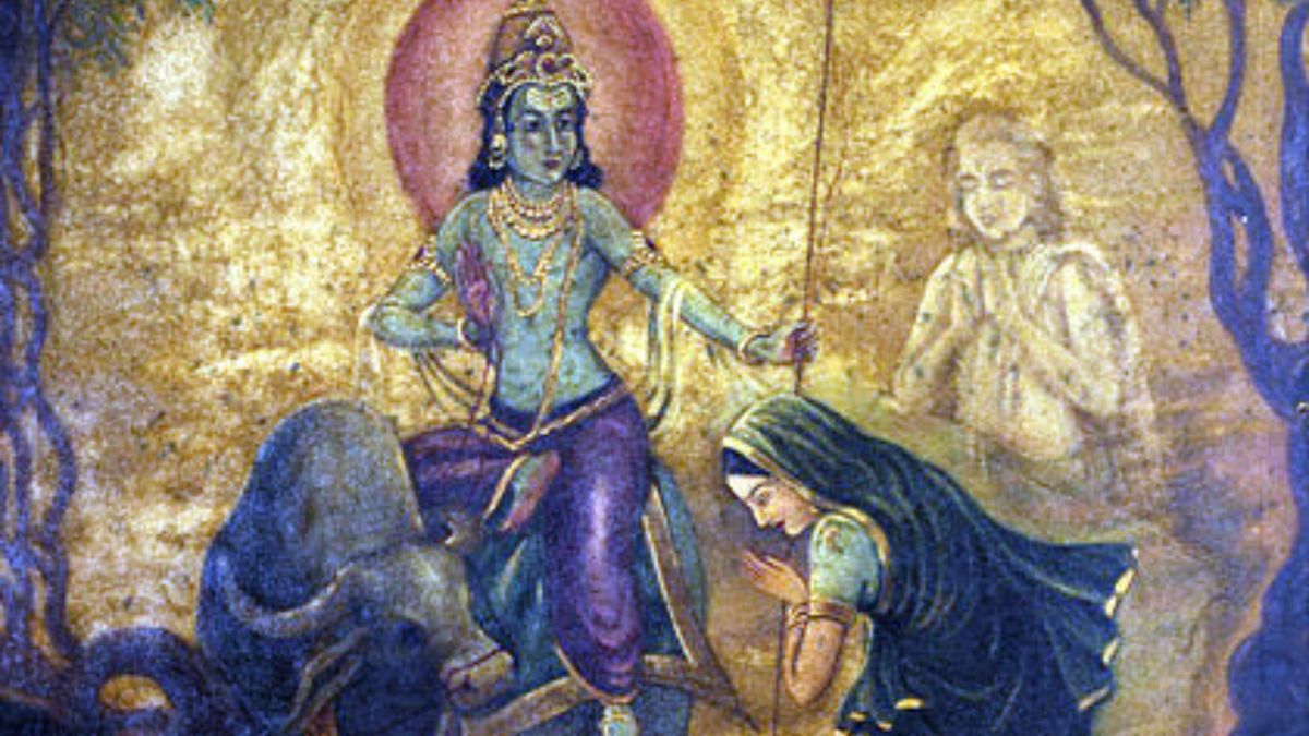 Yama is mounted on a buffalo in this detail of a 1924 painting by M. V. Dhurandhar.
