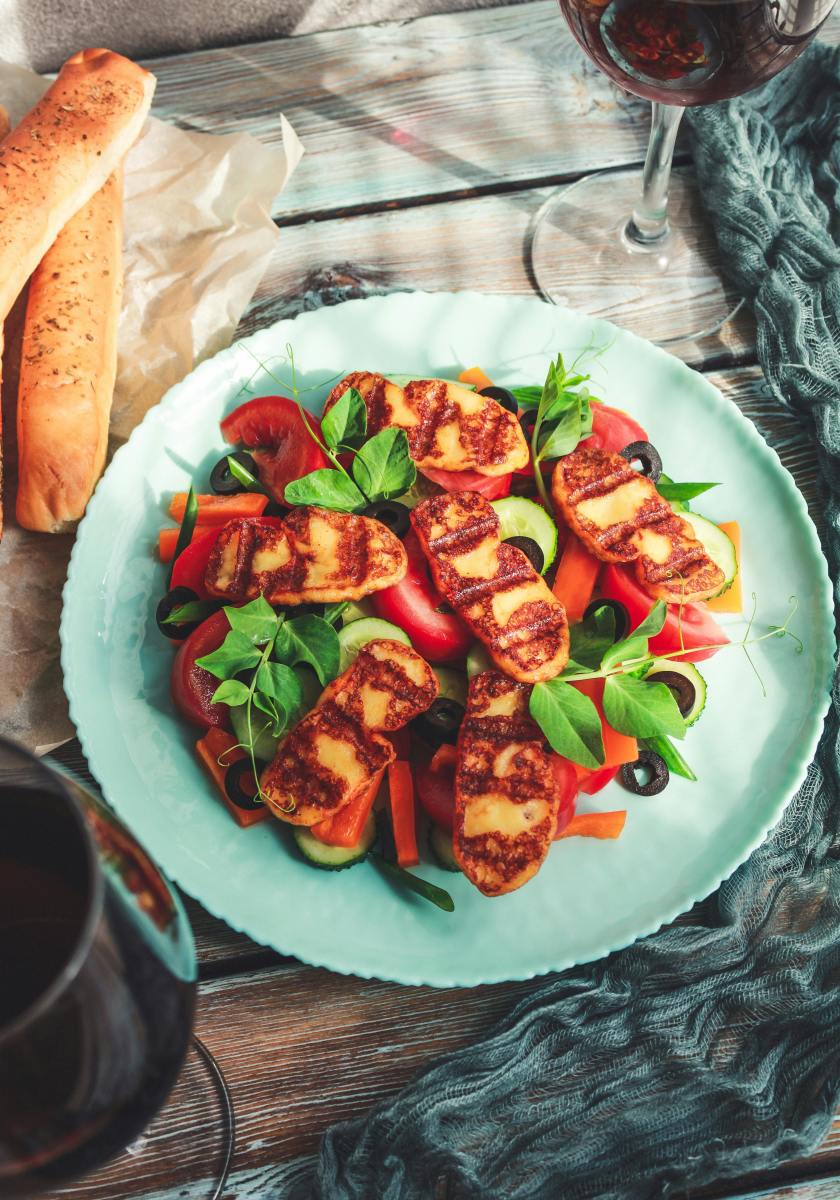 Grilled Halloumi and Watermelon Salad with Balsamic Glaze and Basil Pesto