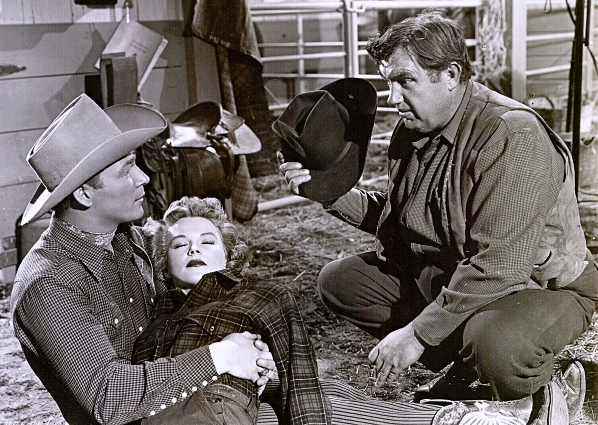 L–R: Roy Rogers, Jane Frazee, and Andy Devine in "Under California Stars" (1948). Devine played Rogers' sidekick, Cookie Bullfincher, in nine films in 1947–48.